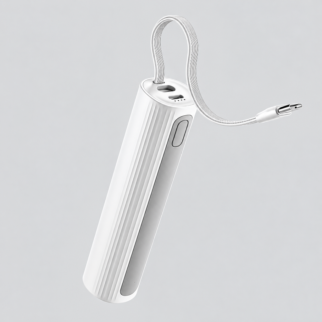 5000 Mah 2-In-1 Nešiojamas Powerbank Su Integruotu USB-C Laidu Ir LED Žibintuvėliu Baltas