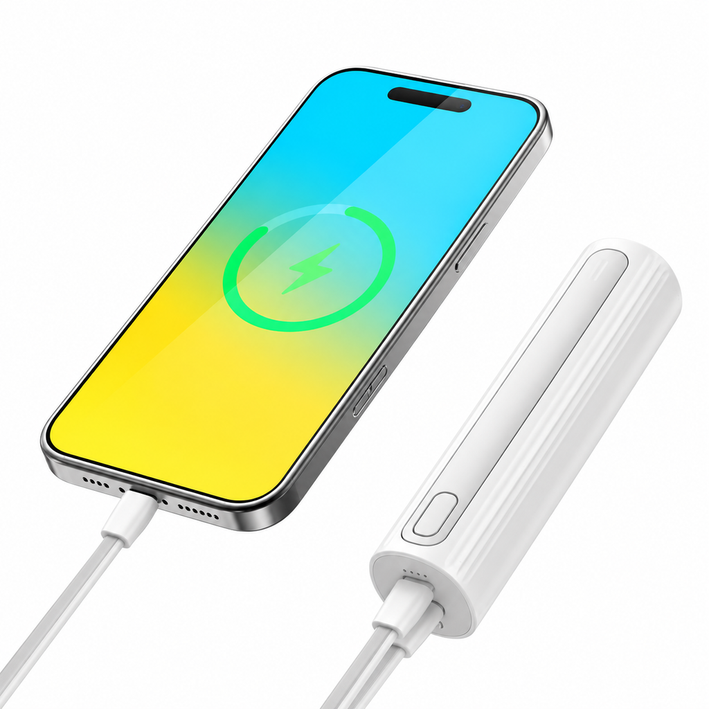 5000 Mah 2-In-1 Nešiojamas Powerbank Su Integruotu USB-C Laidu Ir LED Žibintuvėliu Baltas