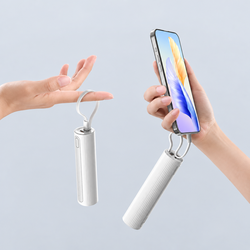 5000 Mah 2-In-1 Nešiojamas Powerbank Su Integruotu USB-C Laidu Ir LED Žibintuvėliu Baltas